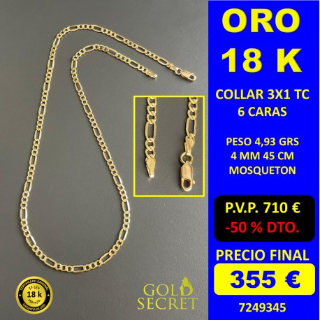 Soberano Venta ambulante igualdad Cadena/ Collar 3X1 6 CARAS 4,00 mm ORO 18 Kilates 45 cm - Gold Secret
