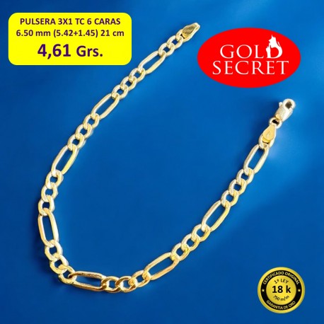 Pulsera 3X1 TC 6 CARAS 6.50 mm 21 cm ORO 18 Kilates