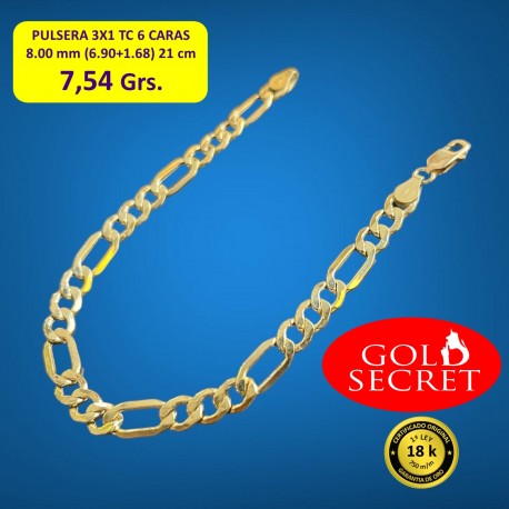 Pulsera 3X1 TC 6 CARAS 8.00 mm 21 cm ORO 18 Kilates